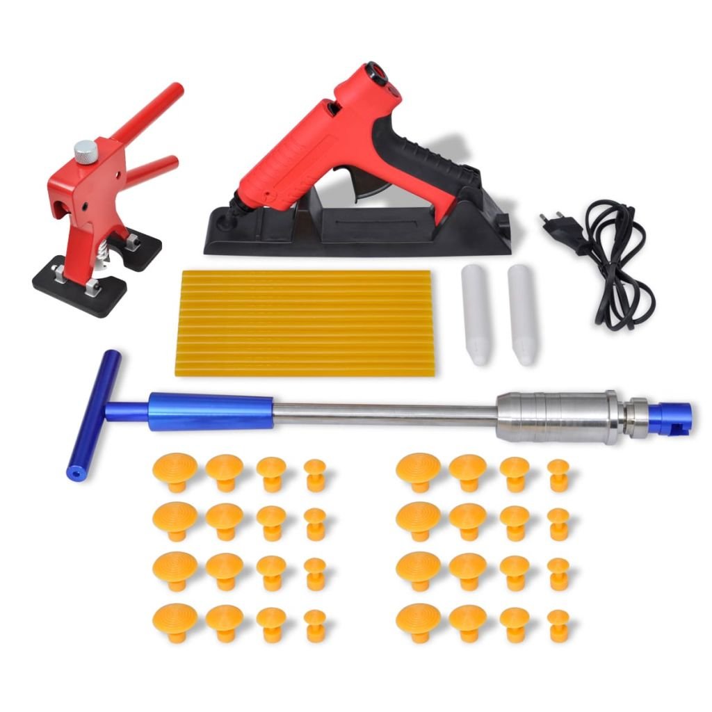 QWORK Kit Débosselage Voiture - Extracteur Barre T Avec 22 Languettes Et 10 Bâtons Colle